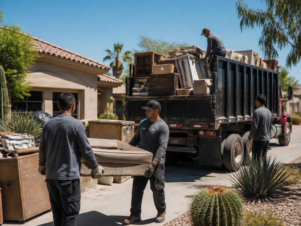 Junk removal crew loading furniture and boxes into a dump truck